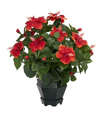 Nearly Natural Hibiscus with Black Hexagon Vase