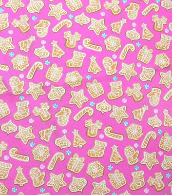 Cookies on Pink Christmas Cotton Fabric