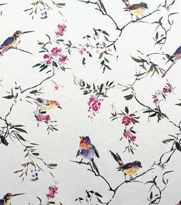 White Floral Birds Cotton Sateen Apparel Fabric