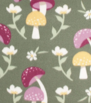 Floral Mushrooms on Green Blizzard Fleece Fabric