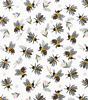 Bees & Blooms on White Nursery Cotton Fabric