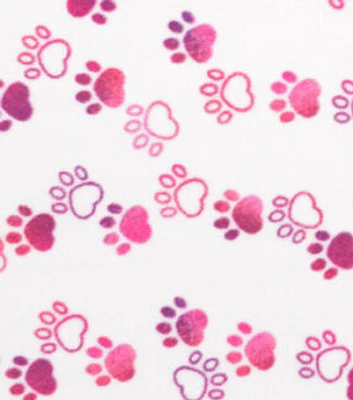 Pink Paw Prints on White Anti Pill Fleece Fabric