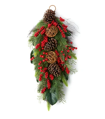 24" Christmas Magnolia With Red Berries Teardrop Wreath by Bloom Room