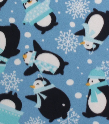 Penguins With Scarves on Blue Blizzard Fleece Fabric