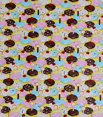 Birthday Cupcakes on Yellow Novelty Glitter Cotton Fabric