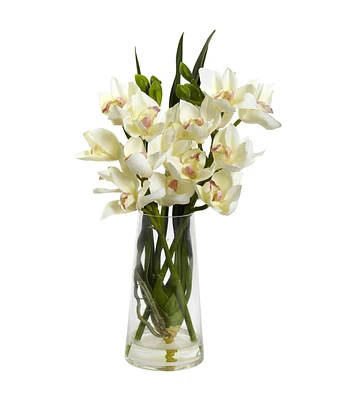 Nearly Natural Cymbidium Orchid with Vase