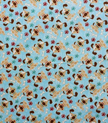 I Woof You Gingerbread on Blue Christmas Glitter Cotton Fabric