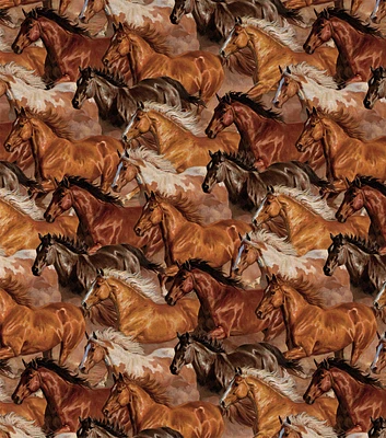 Brown Herd Of Running Horses Novelty Cotton Fabric