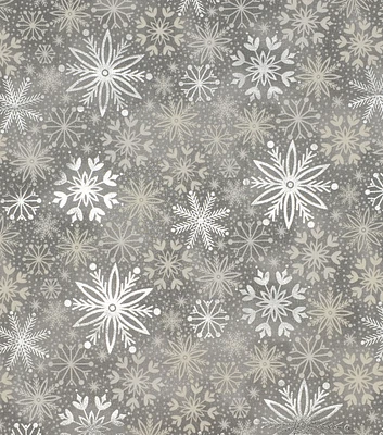 Snowflakes on Gray Christmas Foil Cotton Fabric