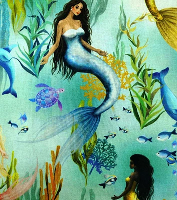 Mythical Mermaids on Blue Novelty Cotton Fabric