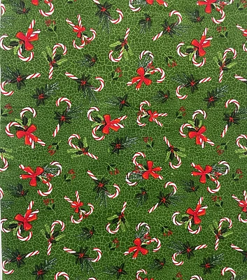 Candy Canes on Crackled Green Christmas Cotton Fabric