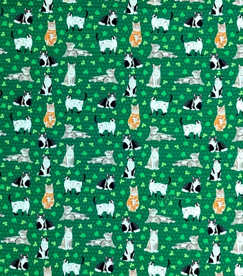 Cats & Shamrocks on Green St Patrick's Day Cotton Fabric