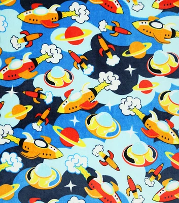 Sew Lush Rockets in Space on Blue Fleece Fabric