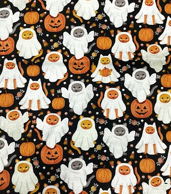 Ghost Cats on Black Halloween Cotton Fabric