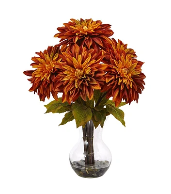 Nearly Natural 17" Orange Dahlia Silk Arrangement With Glass Vase