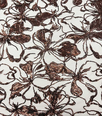 Brown Floral Sequin Mesh Fabric