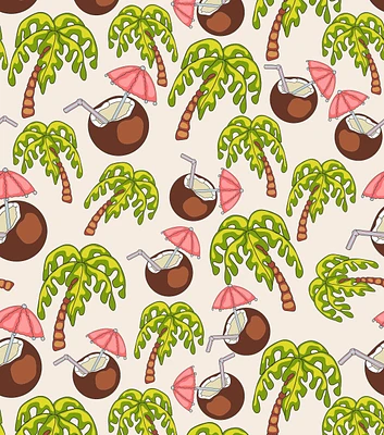 Coconuts & Umbrellas on White Novelty Cotton Fabric