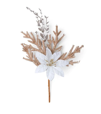 11.5" Christmas Gold Leaves With White Poinsette Pick I28 by Bloom Room