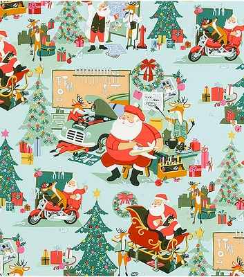 Santa's Garage on Green Christmas Cotton Fabric