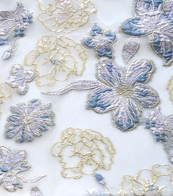 Blue & Gold Floral on White Embroidered Devore Fabric