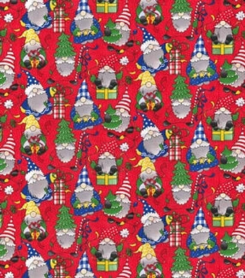 Cheer Gnomes With Presents on Red Christmas Cotton Fabric