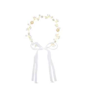 Badgley Mischka Pearl & Crystal Floral Ribbon Tie Headband