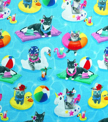 Summer Fun Cats on Blue Novelty Cotton Fabric