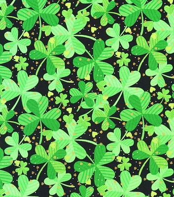 Black Shamrocks Spritz St. Patrick's Day Metallic Cotton Fabric