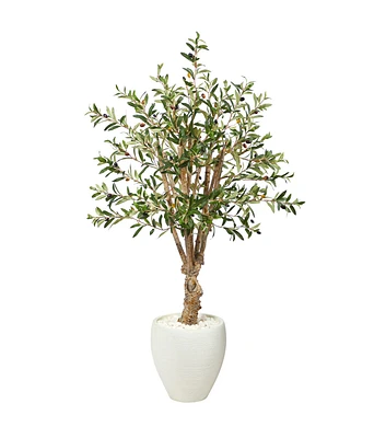 Nearly Natural 53" Olive Artificial Tree in White Planter