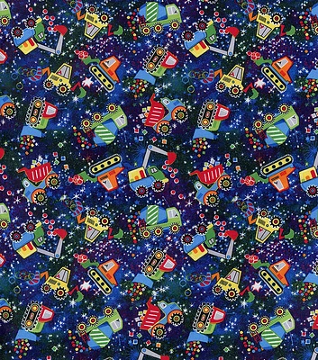 Hi Fashion Galactic Construction on Blue Novelty Cotton Fabric