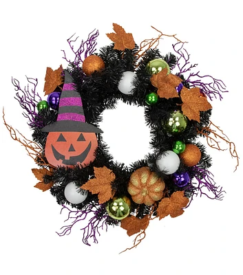 Northlight 24" Jack O Lantern in Witches Hat Halloween Pine Wreath