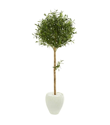 Nearly Natural 5' Olive Topiary Artificial Tree in White Planter