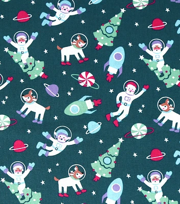 Astronauts on Green Christmas Cotton Fabric