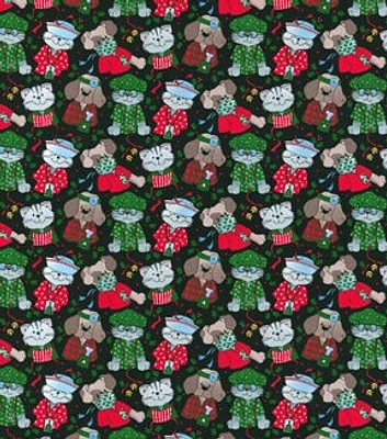 Fabric Traditions Dog & Cat Scrubs on Black Christmas Cotton Fabric