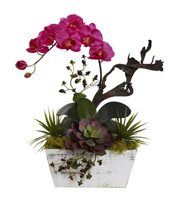 Nearly Natural 21" Orchid & Succulent Garden With White Wash Planter