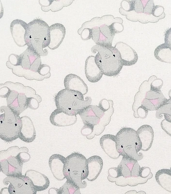 Baby Elephant on White Nursery Cotton Fabric