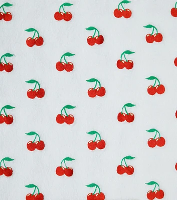 Spring Embroidered Cherries On White Sherpa Fabric