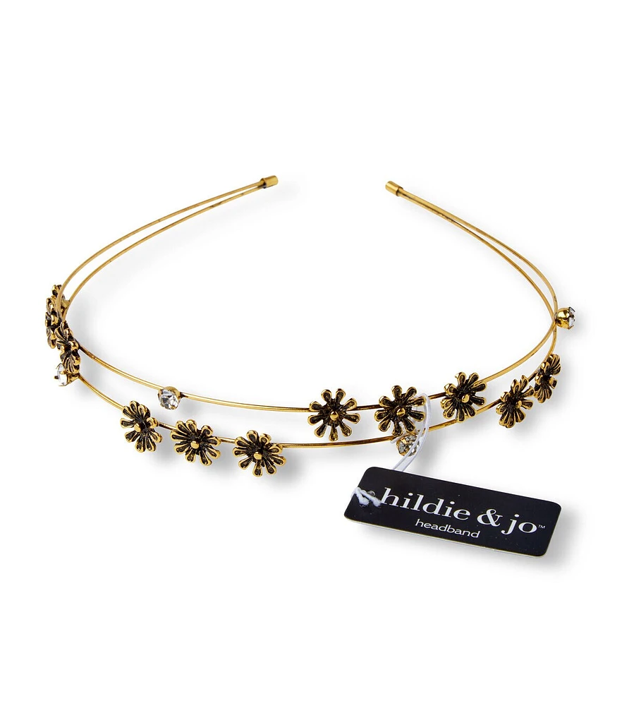 Gold Metal Double Row Flower & Crystal Headband by hildie & jo