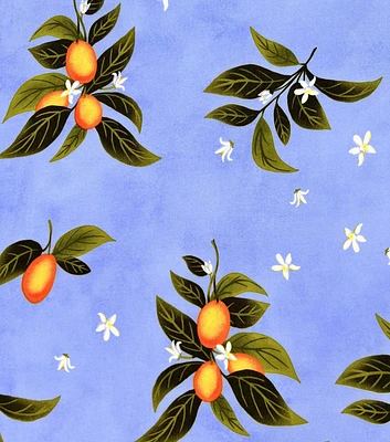 Kumquats on Blue Smocked Rayon Challis Fabric