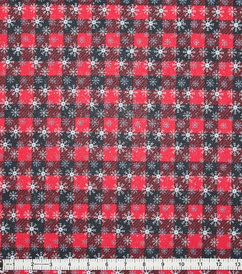 Snowflakes on Plaid Christmas Glitter Cotton Fabric