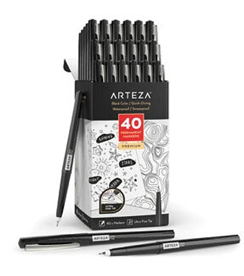 Arteza Permanent Markers, Black - Set of 40