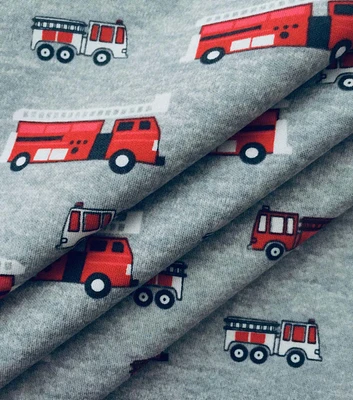 Firetrucks on Gray Interlock Knit Fabric by POP!