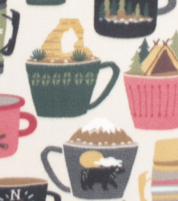 Adventure Mugs on Cream Blizzard Fleece Fabric