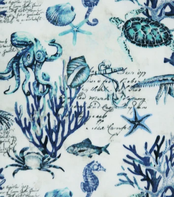 Blue Sea Animals on White Anti Pill Fleece Fabric