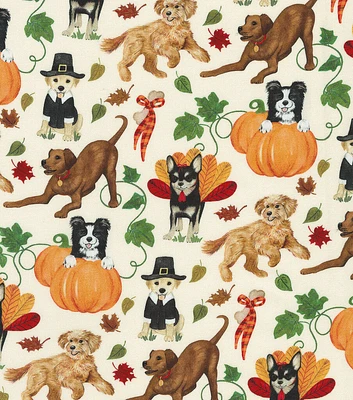 Robert Kaufman Pups Playing on Cream Thanksgiving Cotton Fabric