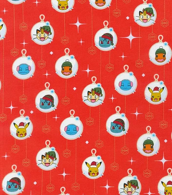 Metallic Pokemon Ornaments on Red Christmas Cotton Fabric