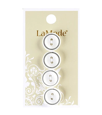 La Mode 5/8" White Round 2 Hole Buttons With Silver Rim 4pk