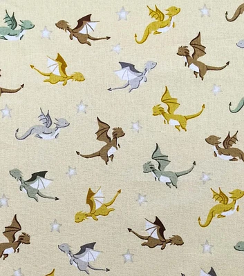 Flying Dragons on Yellow Nursery Cotton Fabric