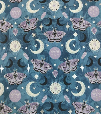 Moths & Moons on Blue Halloween Foil Flannel Fabric