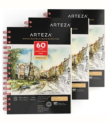 Arteza Mixed Media Pad 5.5''x8.5'' 60 Sheets 3pk